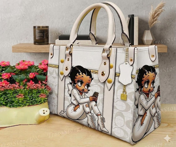 Women's Betty Boop Printed Large Capacity Leather Tote Bag Casual Top Handle Shoulder Handbag With Internal Zip Pocket Delicate Stitching Durable Metal Hardware, Great Matching Accessory For Custom Air Force 1 Custom Sneakers-oicustom