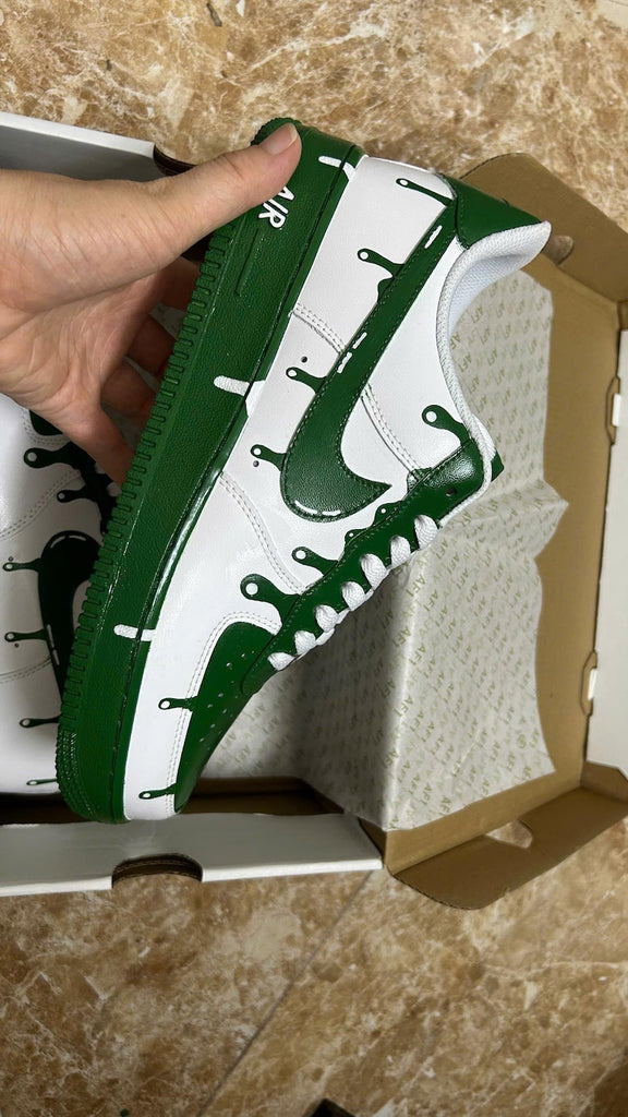Custom Air Force 1 with Green Drip Hand-Painted Design, White & Green Unique Unisex Streetwear Casual Custom Sneakers for Men Women Daily Wear