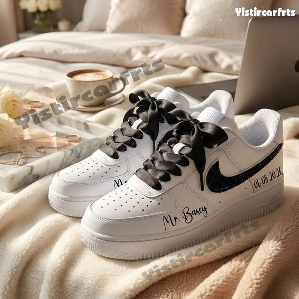 Personalized Wedding Custom Air Force 1 Custom Sneakers, Custom Name & Date Black Rhinestone Swoosh Satin Bow Laces Bridal Groom Comfortable Wedding Casual Shoes-oicustom