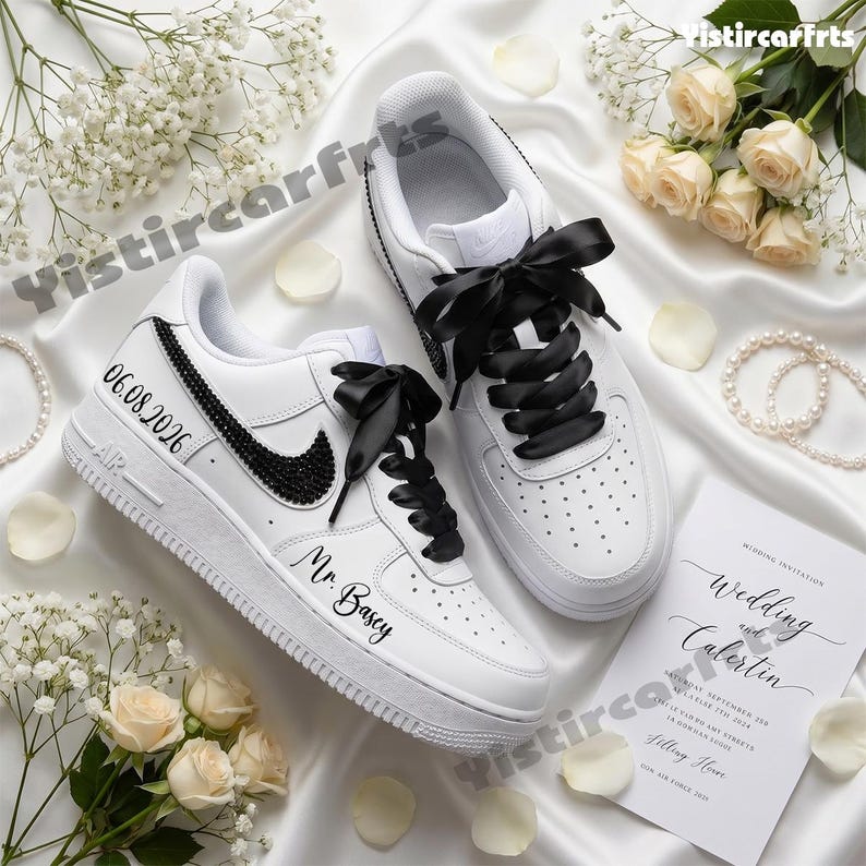 Personalized Wedding Custom Air Force 1 Custom Sneakers, Custom Name & Date Black Rhinestone Swoosh Satin Bow Laces Bridal Groom Comfortable Wedding Casual Shoes