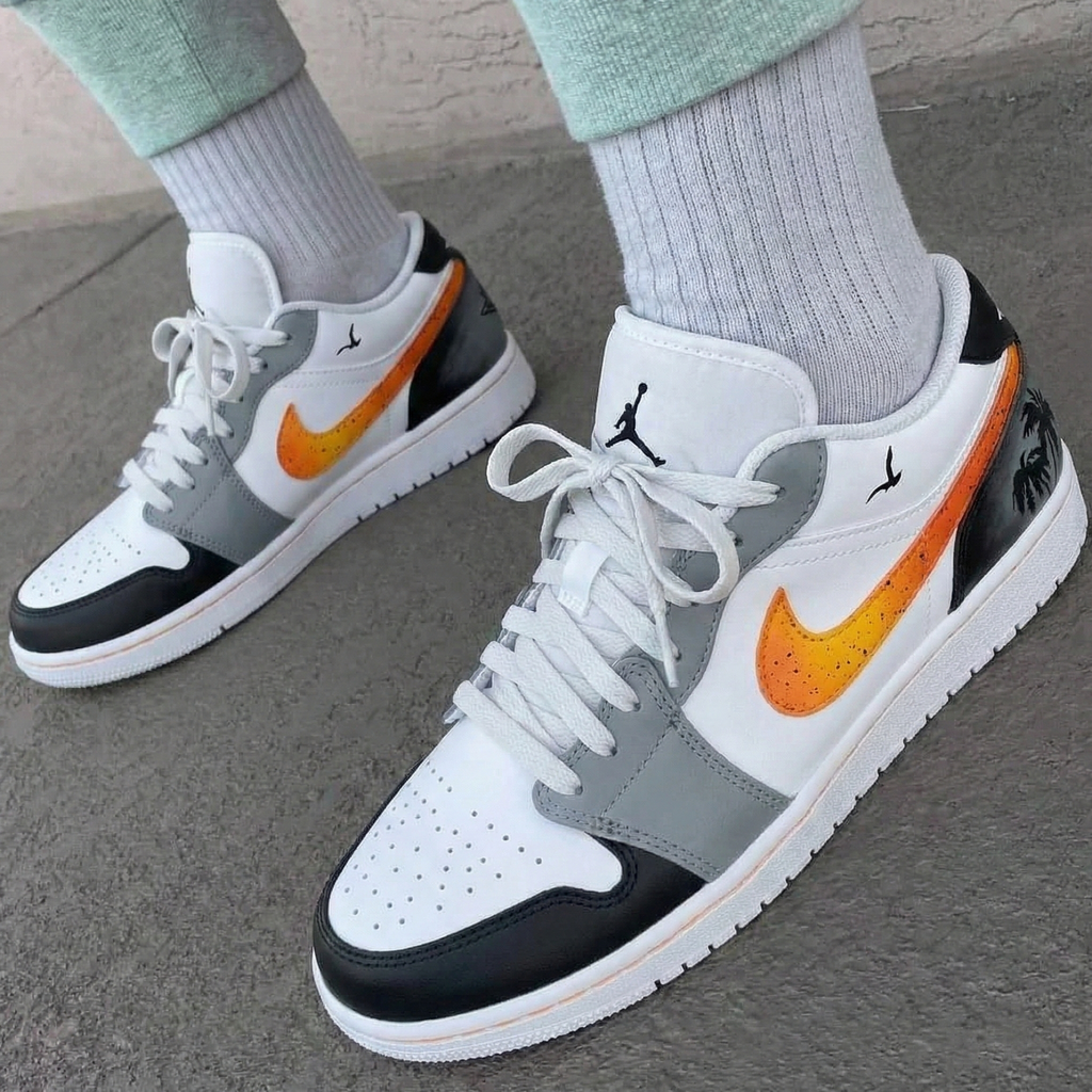 Custom AJ 1s Shoes Gray Black Orange Swoosh Palm Trees Seagulls-oicustom