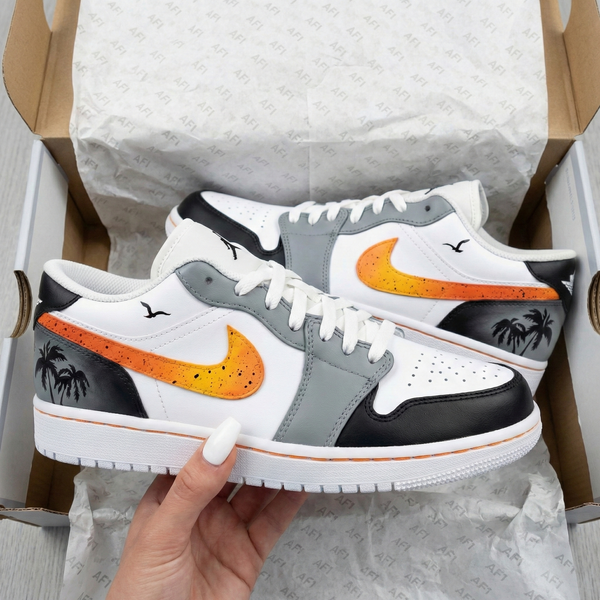 Custom AJ 1s Shoes Gray Black Orange Swoosh Palm Trees Seagulls-oicustom