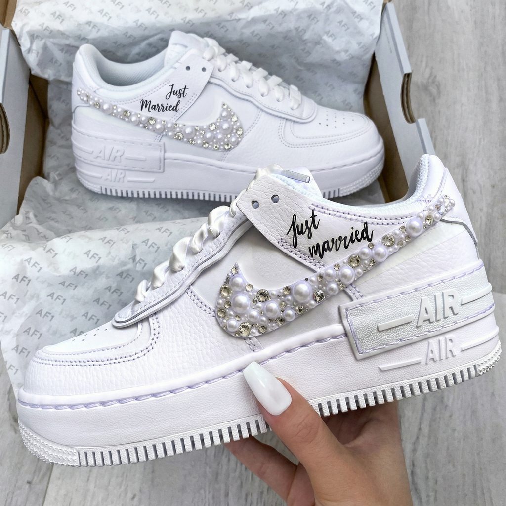 Custom AF 1s Shadow Shoes Just Married Pearls Rhinestone Wedding-oicustom