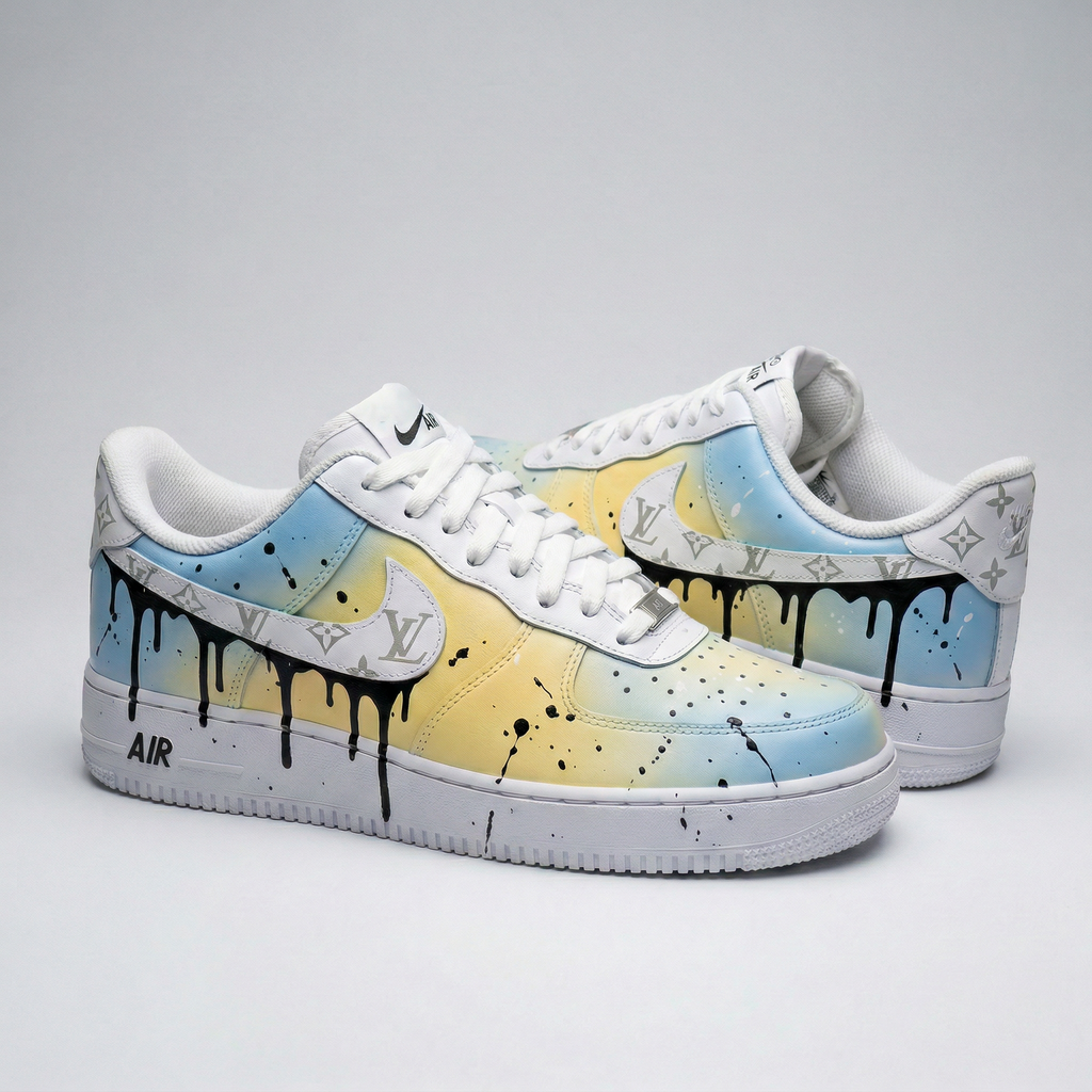Custom AF 1s Shoes Baby Blue Yellow LV Logo Black Drips Splatter-oicustom