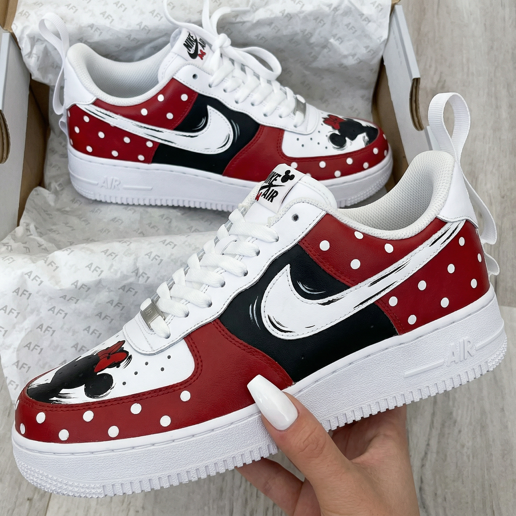 Custom AF 1s Shoes Red Black Minnie Mouse Polka Dots-oicustom
