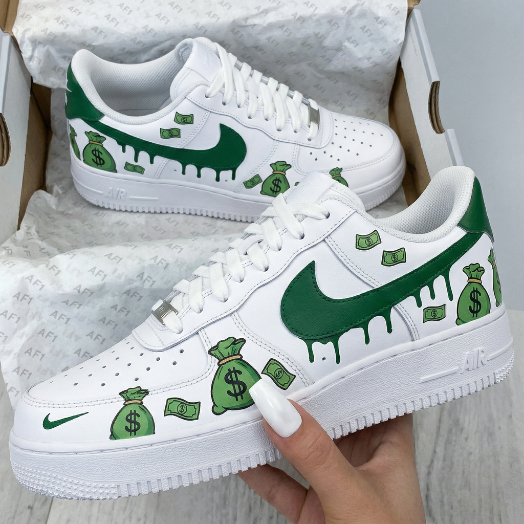 Custom AF 1s Shoes White Green Money Bags Cash-oicustom