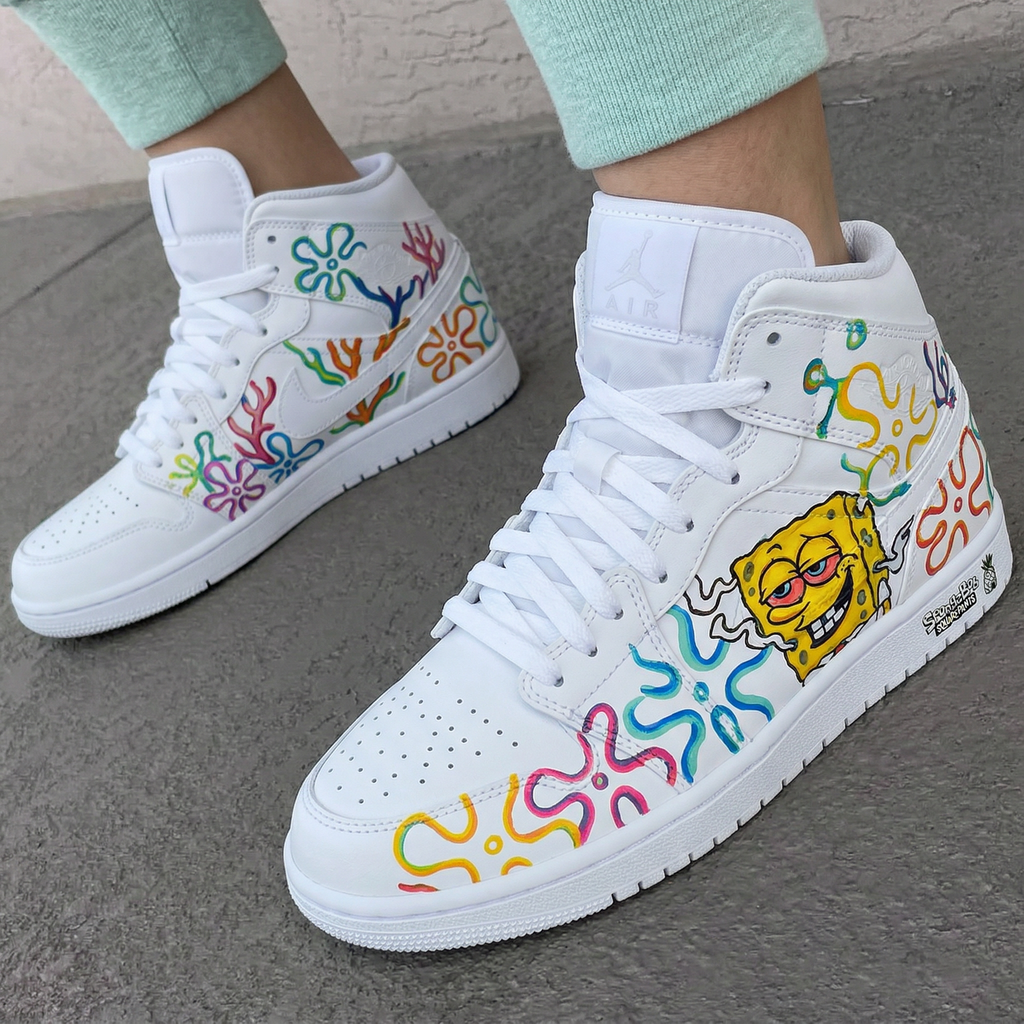 Custom AJ 1s Shoes SpongeBob Colorful Flowers-oicustom