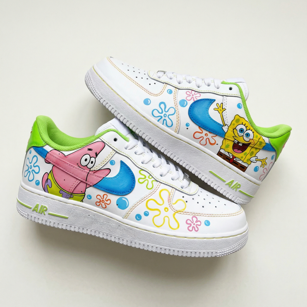 Custom AF 1s Shoes Green Blue Pink SpongeBob Patrick Flowers Bubbles-oicustom