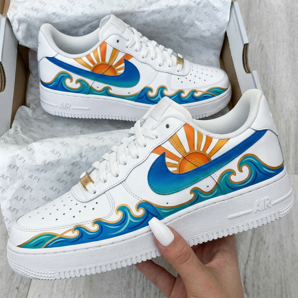 Custom AF 1s Shoes Blue Orange Waves Sun-oicustom