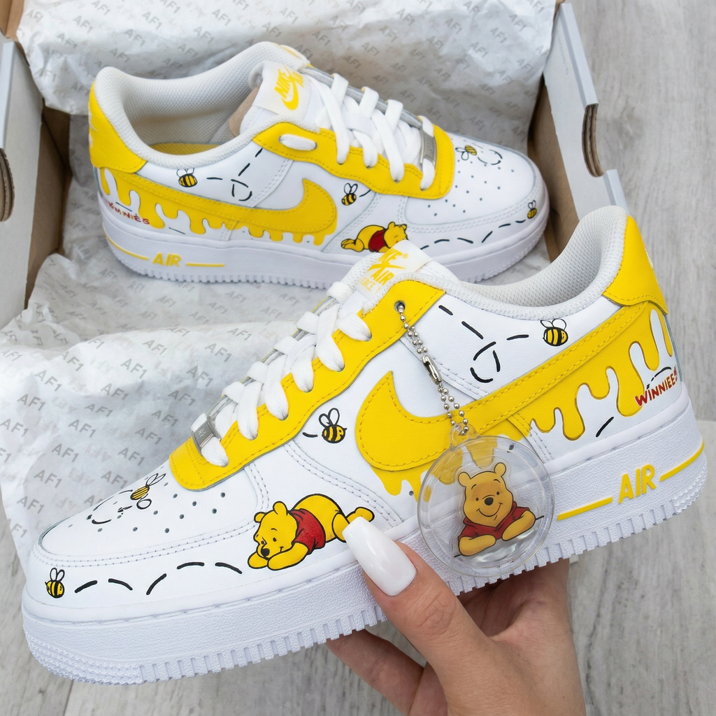 Custom AF 1s Shoes White Yellow Winnie The Pooh Bees Honey Drip-oicustom