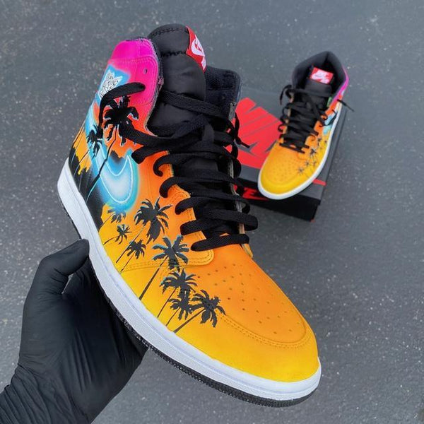 Custom Air Jordan 1 Hand Painted Glowing Miami Palm Trees-oicustom