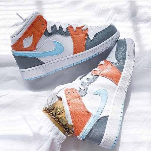 Custom Air Jordan 1 Mid Baby Blue Swoosh Orange Grey-oicustom