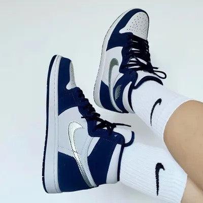 Custom Air Jordan 1 Swoosh Silver and Navy Blue-oicustom