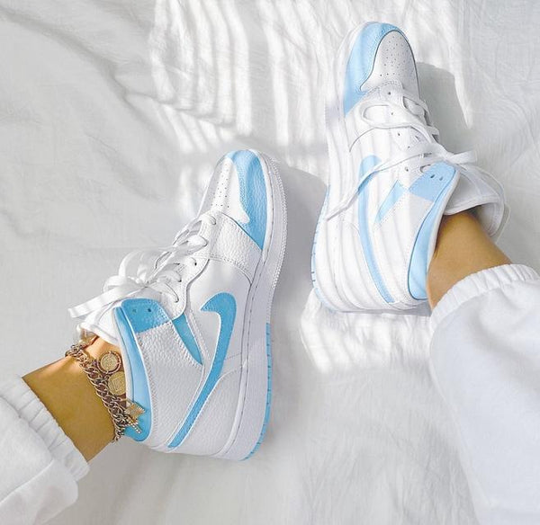 Custom Air Jordan 1 White Swoosh Baby Blue Sneakers-oicustom