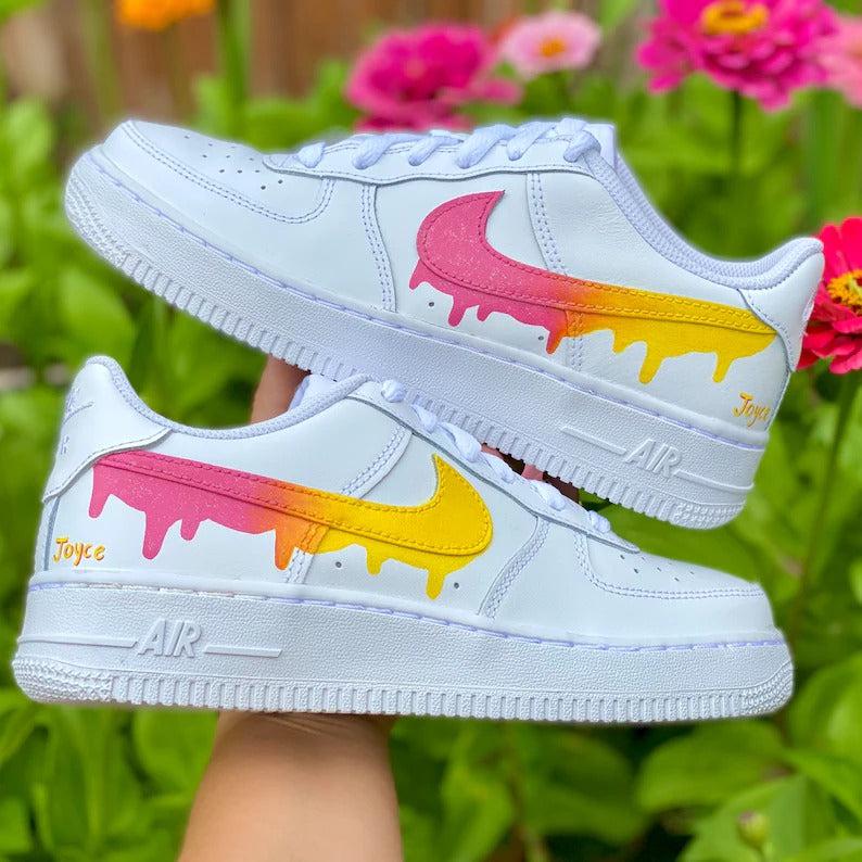 Custom Pink Yellow Nike Drip Air Force Ones